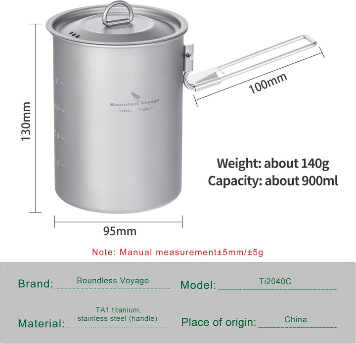 iBasingo 900ml Titan Becher Camping Topf Kochtopf Outdoor Leicht Kaffee Wasser Tasse mit Klappgriff