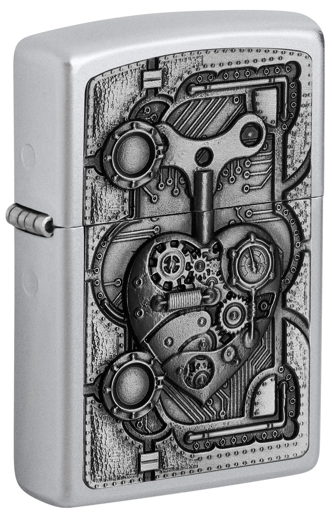 Zippo Sturmfeuerzeug - Steampunk Heart, Satin Chrome, Emblem - Nachfüllbar - Wiederverwendbar - Wind