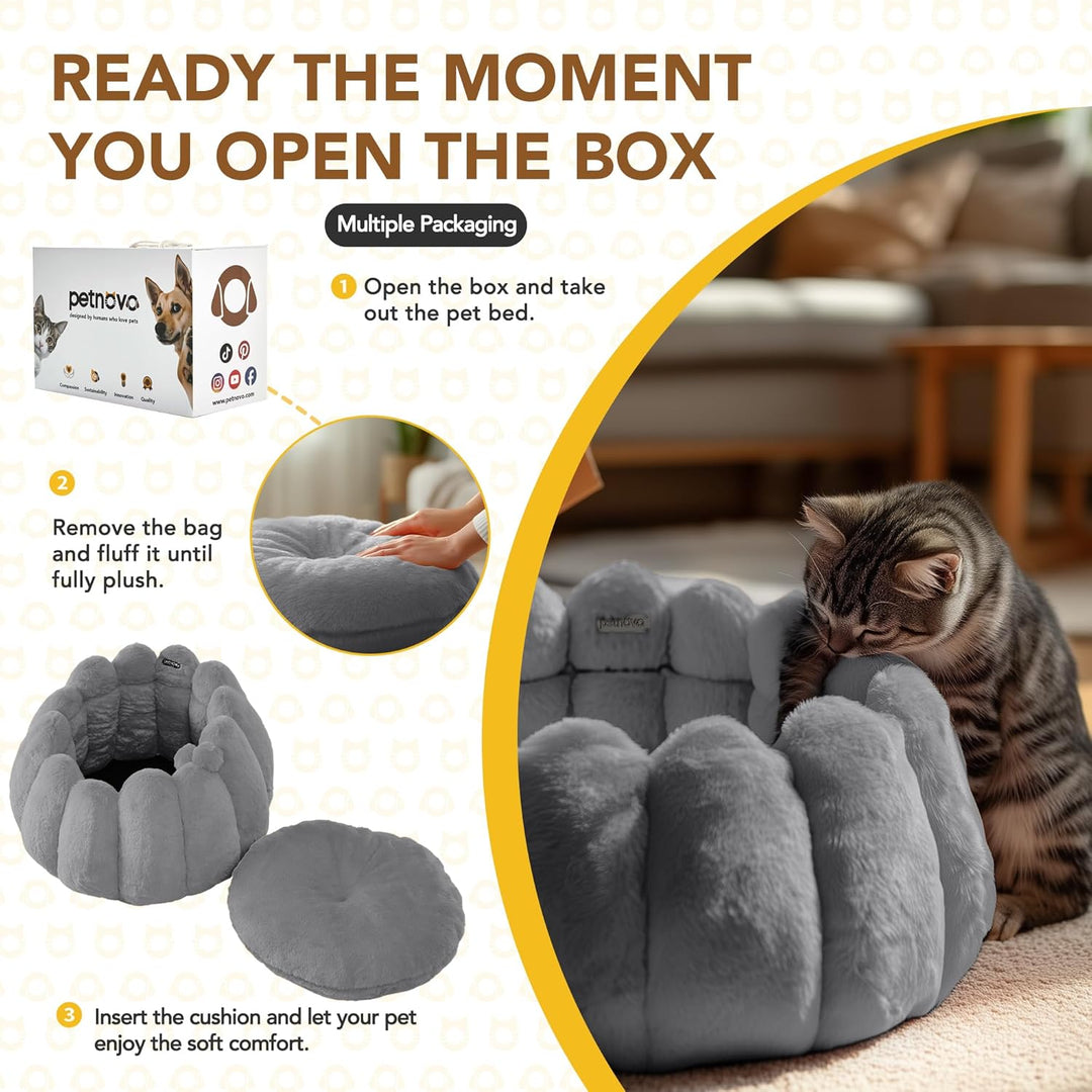 PETNOVO Katzenbett Rund 50 x 50 x 30 cm, Flauschiges Donut Katzenbett aus Kaninchenfell-Optik Plüsch