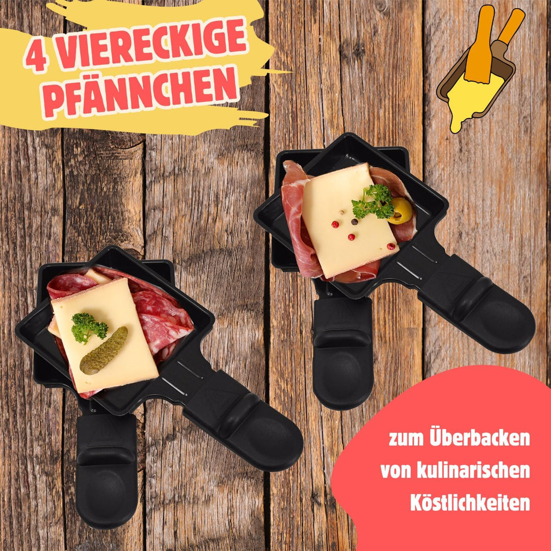 Syntrox Raclette Grill 4 Personen Ursli 600W, 4 Pfännchen 4 Spatel Antihaftbeschichtet, Stufenlose T
