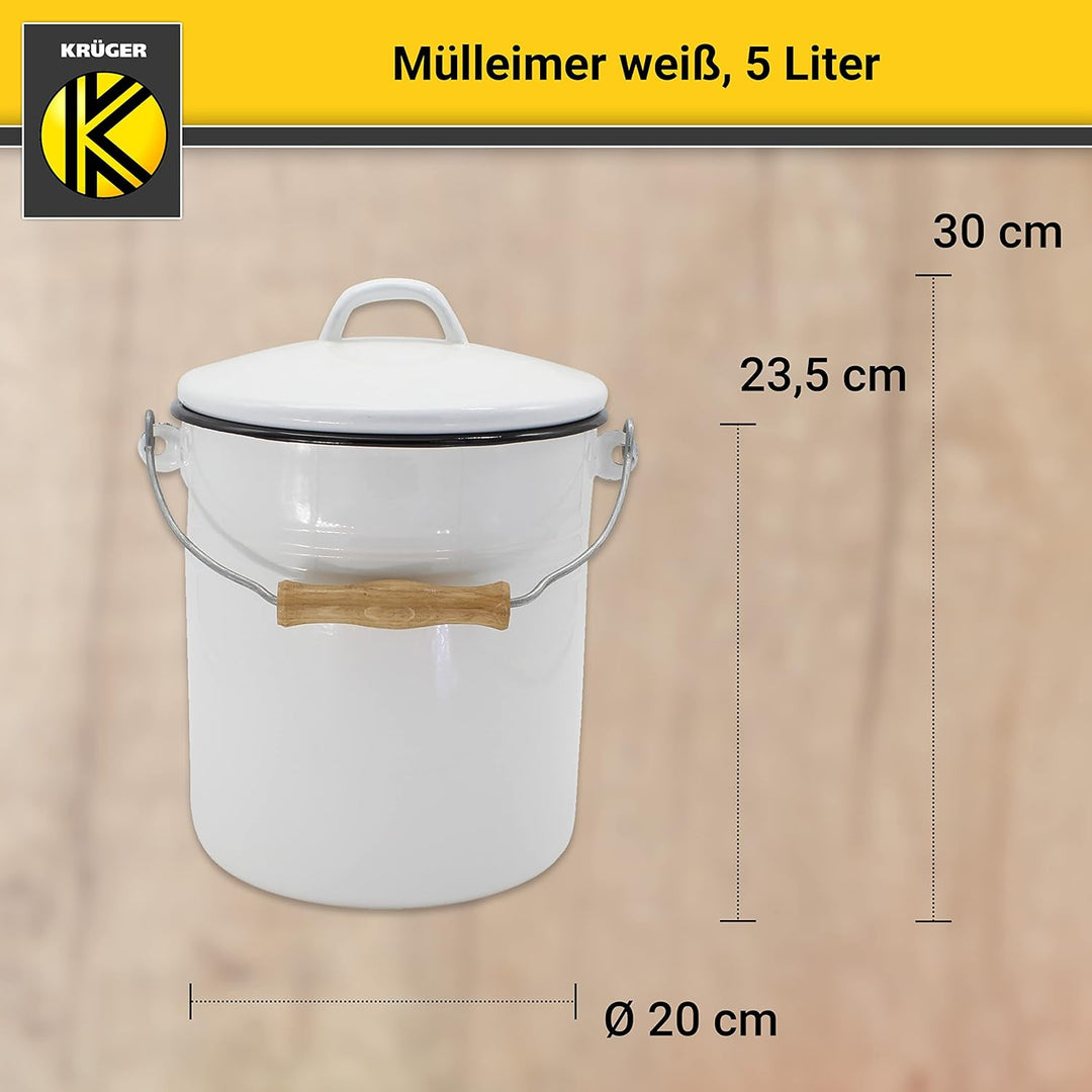 KRÜGER Mülleimer mit Deckel - Stahl Abfalleimer mit Emaille-Beschichtung und Holzgriff - schnitt- un