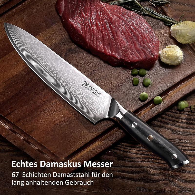 PAUDIN 3-tlg Küchenmesser Set, Damastmesser Set aus 67 Schichten VG10 Damaststahl mit G10 Griff – Ch