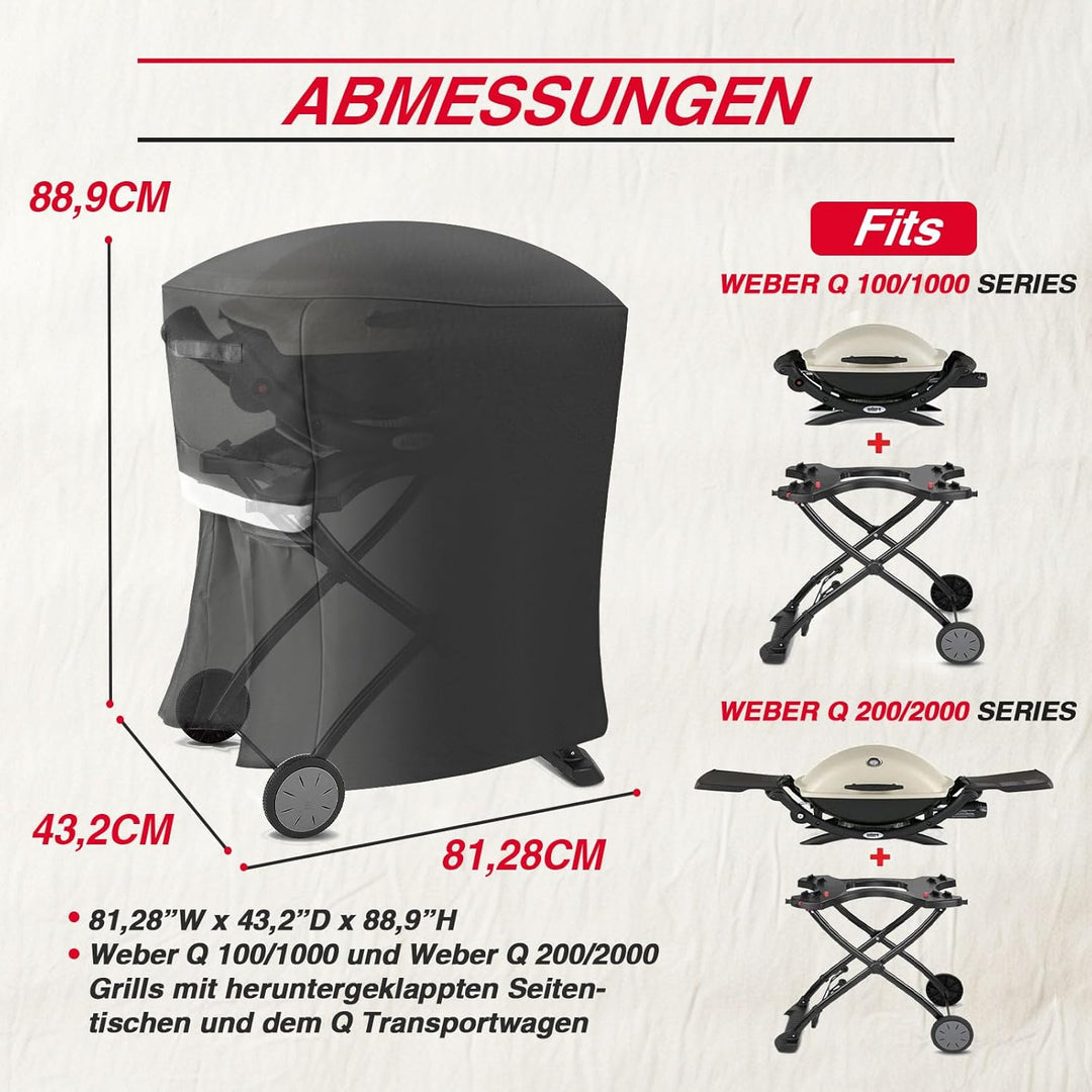 7113 Grillabdeckung für Weber Q100 Q200 Q1000 Q2000 Q1200 Q2200 mit tragbarem Wagen,81x43x89CM Abdec