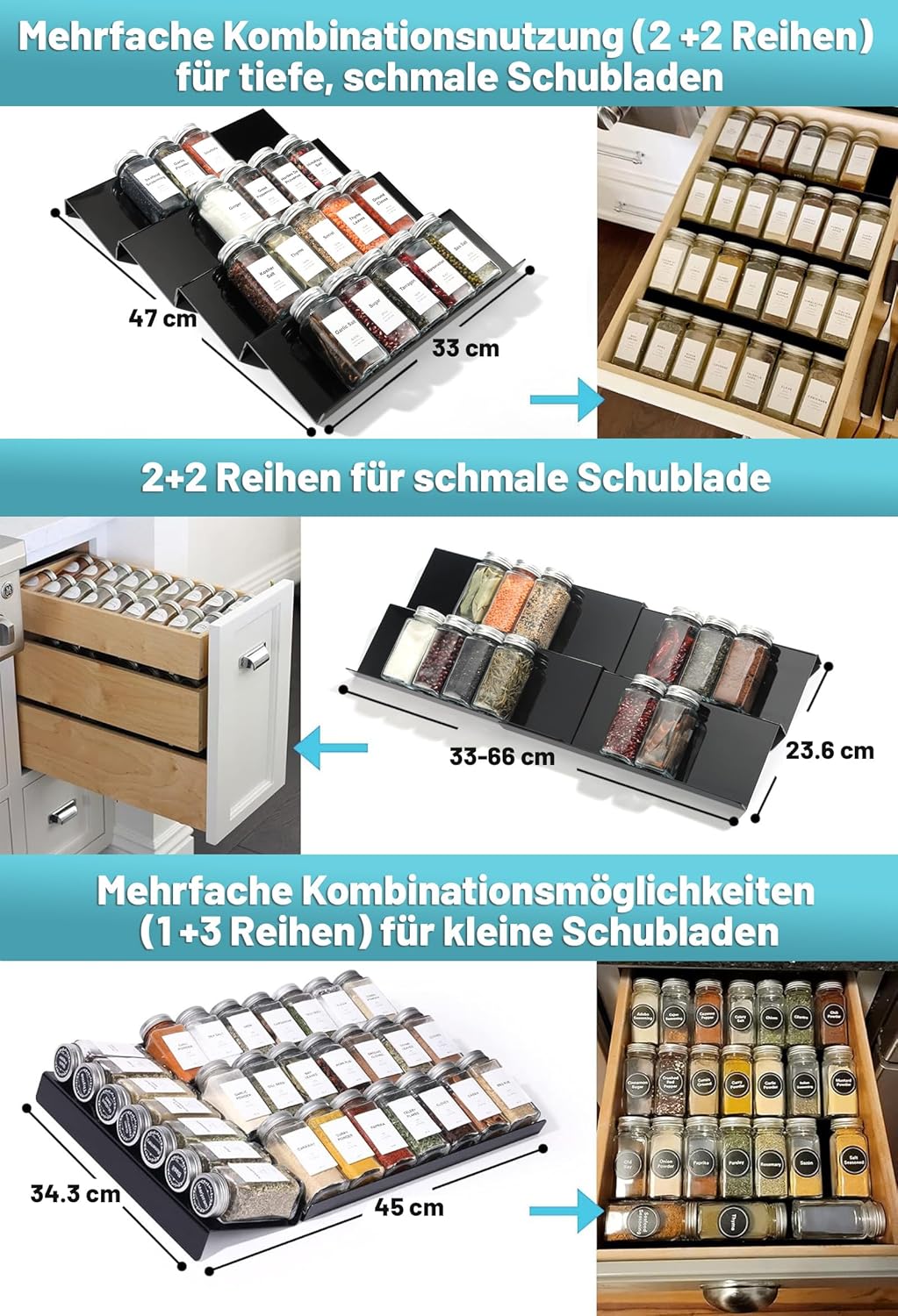 Schwarz Gewürzschubladen-Organizer mit 28 Gewürzgläsern, 348 Etiketten, Sieb- und Giessdeckeln mit l