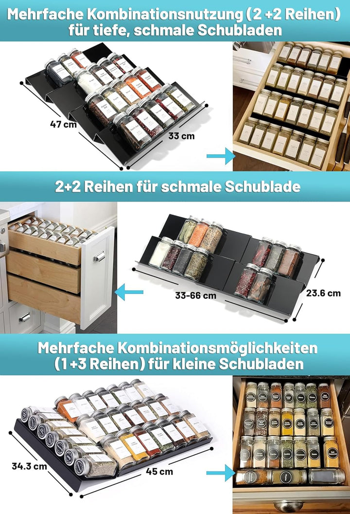 Schwarz Gewürzschubladen-Organizer mit 28 Gewürzgläsern, 348 Etiketten, Sieb- und Giessdeckeln mit l
