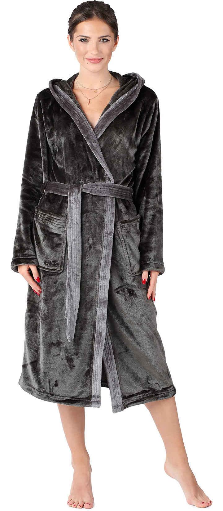 Bellivalini Damen Bademantel lang mit Kapuze und Gürtel BLV50-168 M Graphit/Grau, M Graphit/Grau