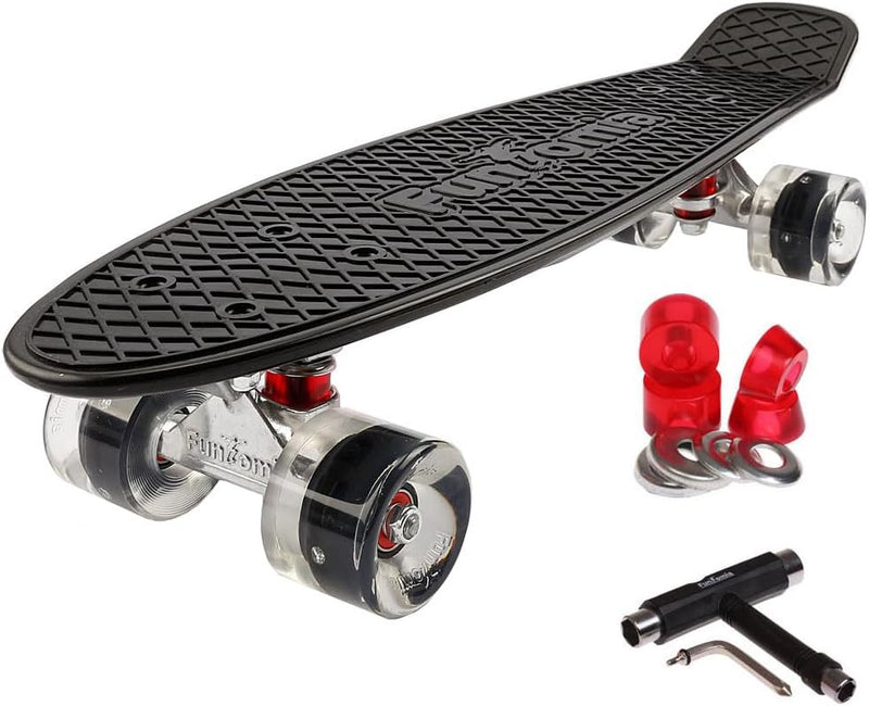 FunTomia Skateboard 57cm Mini-Cruiser Board mit T-Tool, ABEC-9 Kugellager, LED Rollen, Kinder Anfäng