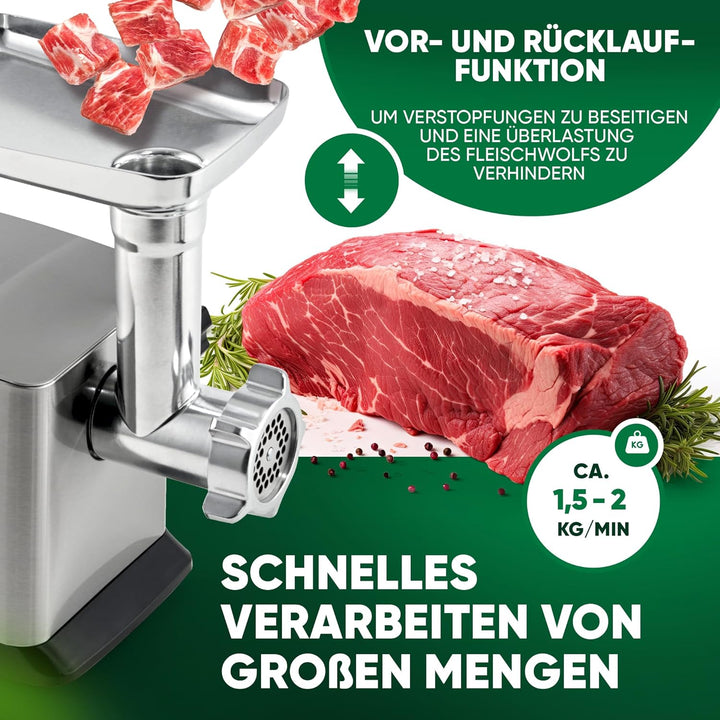 ProfiCook Fleischwolf 1200W | mit Aufsatz für Plätzchen/Spritzgebäck | Fleischwolf elektrisch | 3 Me