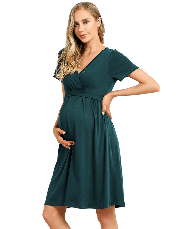 KOJOOIN Damen Umstandskleid V-Ausschnitt Stillkleid Casual Falten Schwangerschaftskleid(Verpackung M