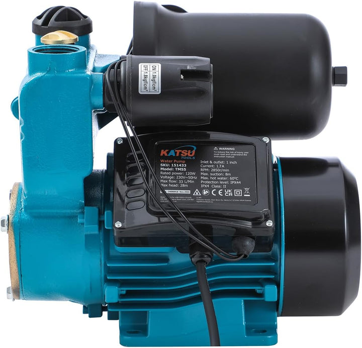 KATSU Wasserpumpe Hauswasserwerk Gartenpumpe 150W, Abschaltautomat mit einstellbarer Druckregelung,