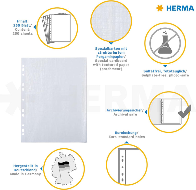 HERMA 7569 Fotokarton weiss, 250 Stück, 23 x 29,7 cm, 220 g/m², Tonkarton zum Abheften mit Pergamin