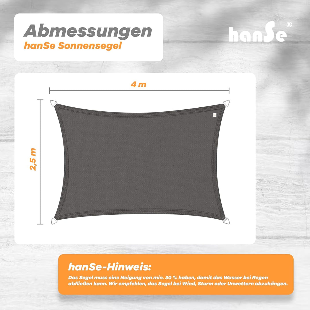 hanSe Sonnensegel rechteckig, Segeltuch Rechteck, 2,5x4m in Graphit, aus HDPE Gewebe, wetterbeständi