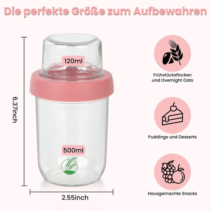 2er Müslibecher to go, 500 ml+120ml Overnight Oats Gläser, Doppelwandiger Glasbehälter mit Deckel, J