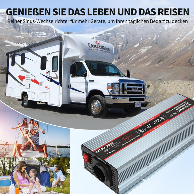 DATOUBOSS 1200W Wechselrichter 12V Auf 230V Reiner Sinus Spannungswandler Spitzenleistung 2500W Mit