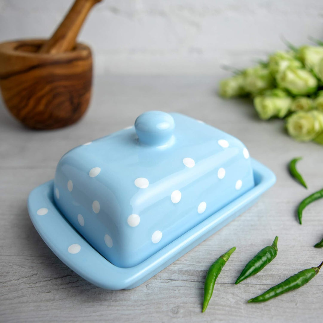 City to Cottage - Butterdose Keramik | Hellblau und Weiss | Polka Dots | Handgemacht | 250 Gramm Ker