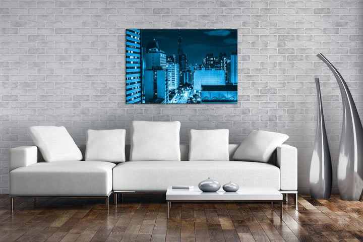 hellerleuchteten Strassen der Stadt Format: 100x70 Effekt: Monocrome Blau als Leinwand, Motiv fertig