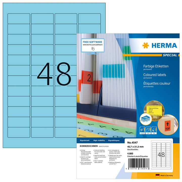 HERMA 4547 Farbige Etiketten blau, 100 Blatt, 45,7 x 21,2 mm, 48 Stück pro A4 Bogen, 4800 Aufkleber,