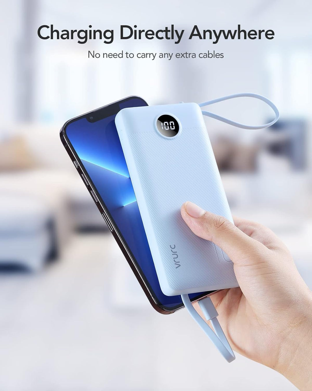 VRURC Power Bank mit 4 Kabel 10000mAh Powerbank Tragbares Ladegerät USB C Externer Handyakkus LED Di