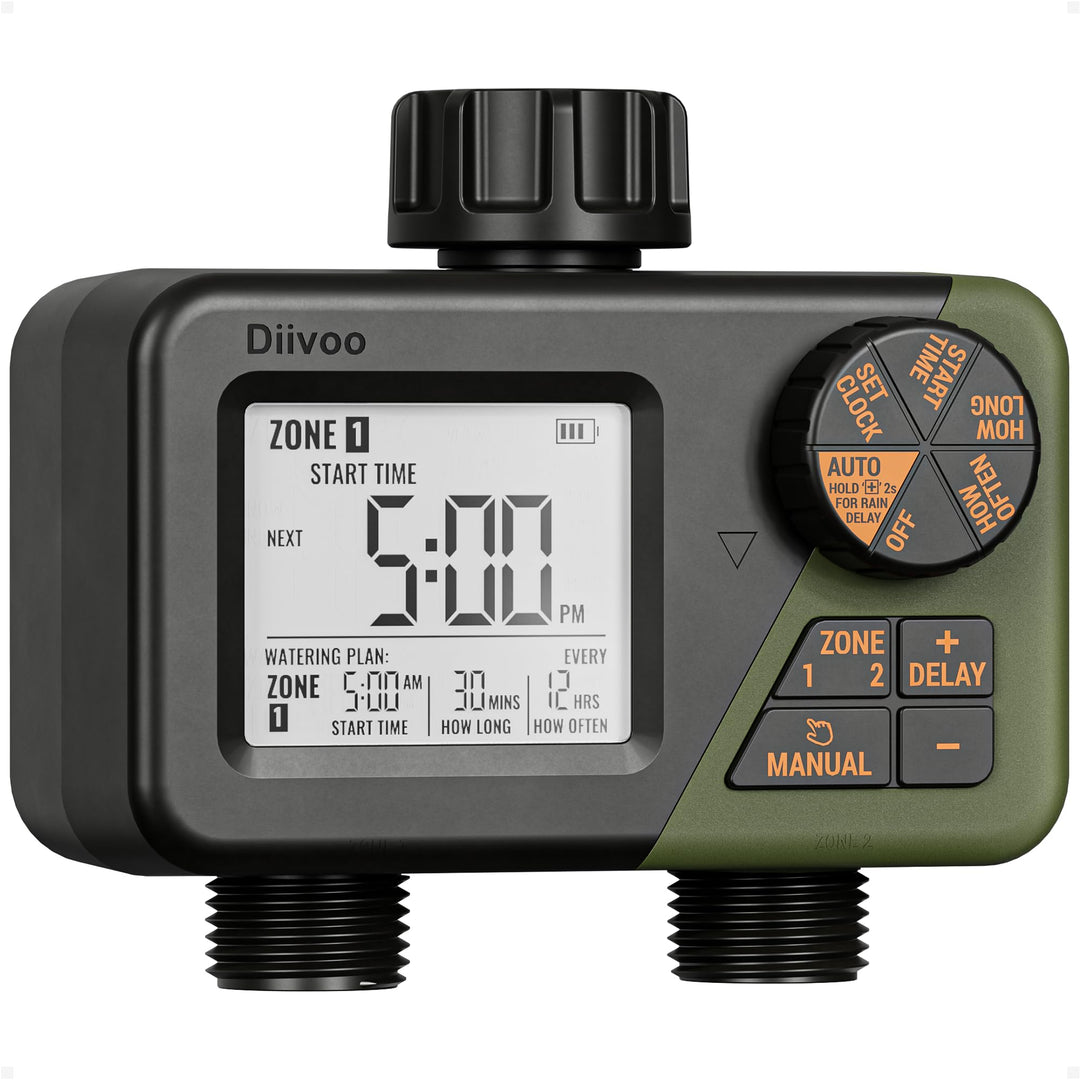Diivoo Bewässerungscomputer 2 Ausgänge, Programmierbare Wasserschlauch Timer 2 Outlet für Garten, Ou