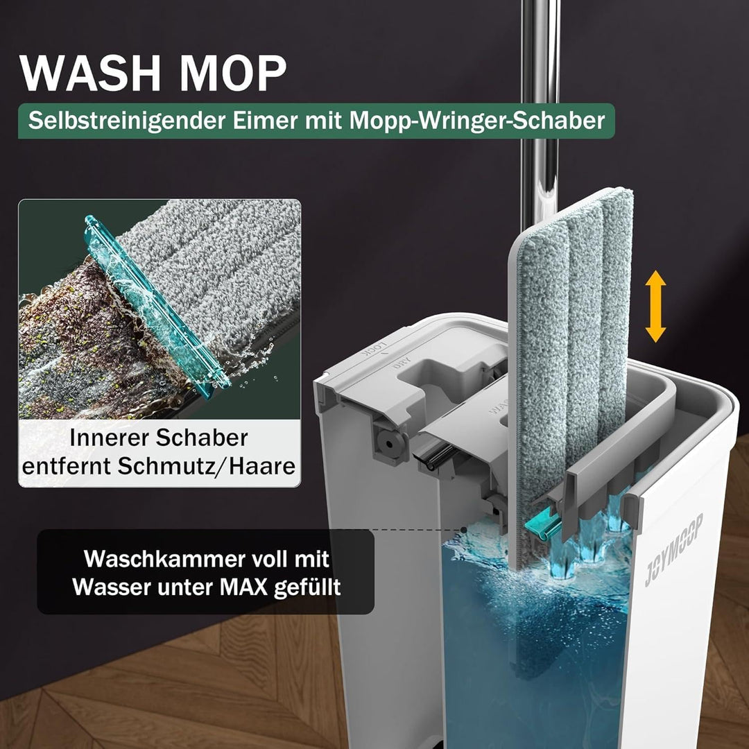 JOYMOOP Wischmopp und Eimer mit Auswringer-Set, flacher Bodenwischer und Eimer, Wischmopp für Bodenr