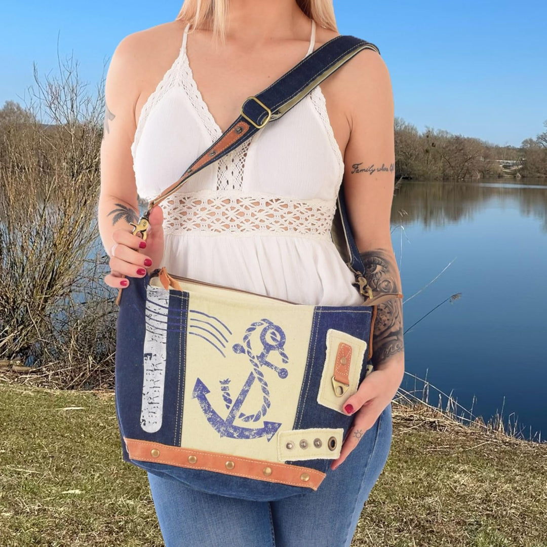 Sunsa Damen Tasche Umhängetasche. kleine Canvas Bag mit Recycelte Jeans und Leder. Vintage Design Ta