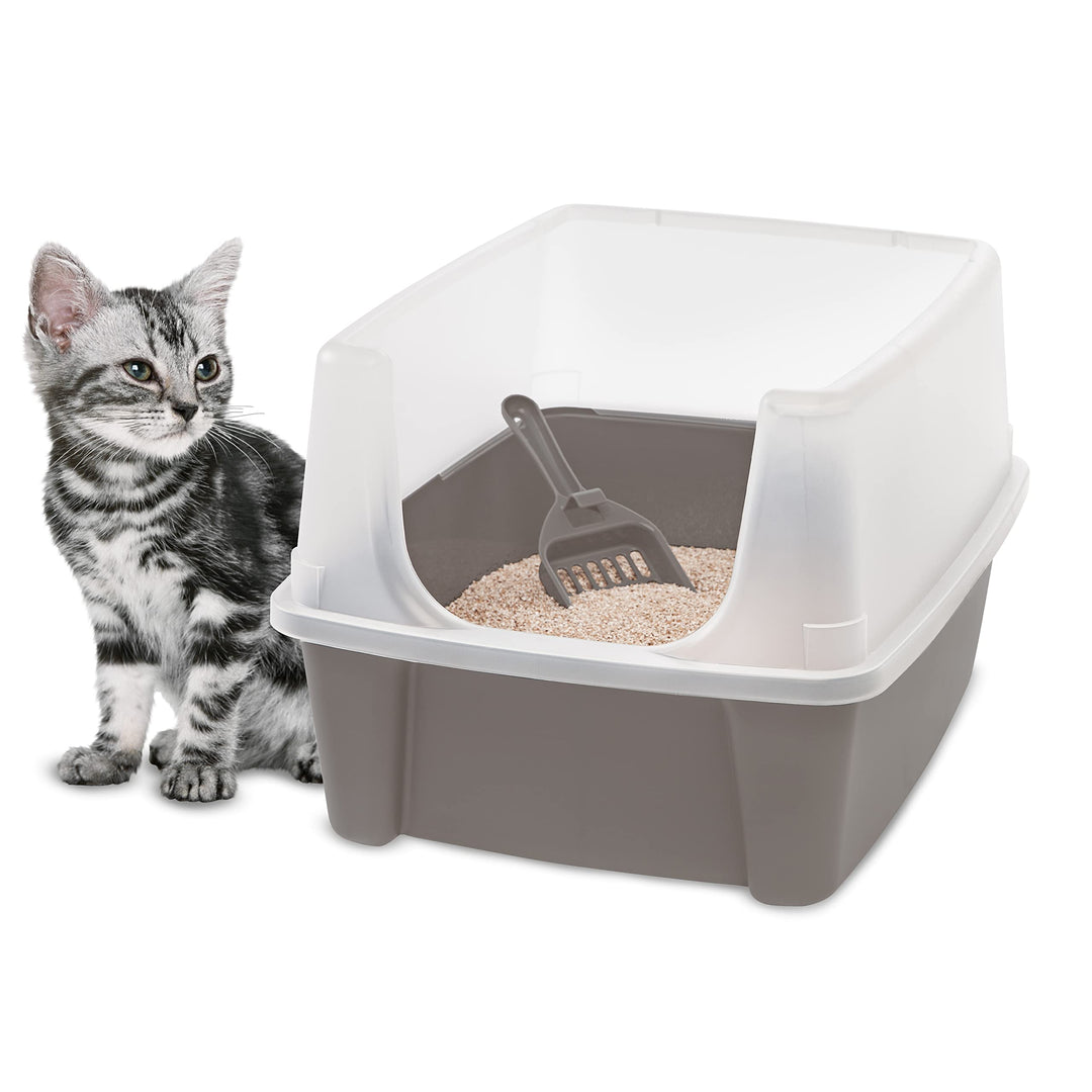 Iris Ohyama Katzenklo mit Schaufel, bis 7 kg, Taupe, offen, ohne Deckel, Katzentoilette, hoher abneh