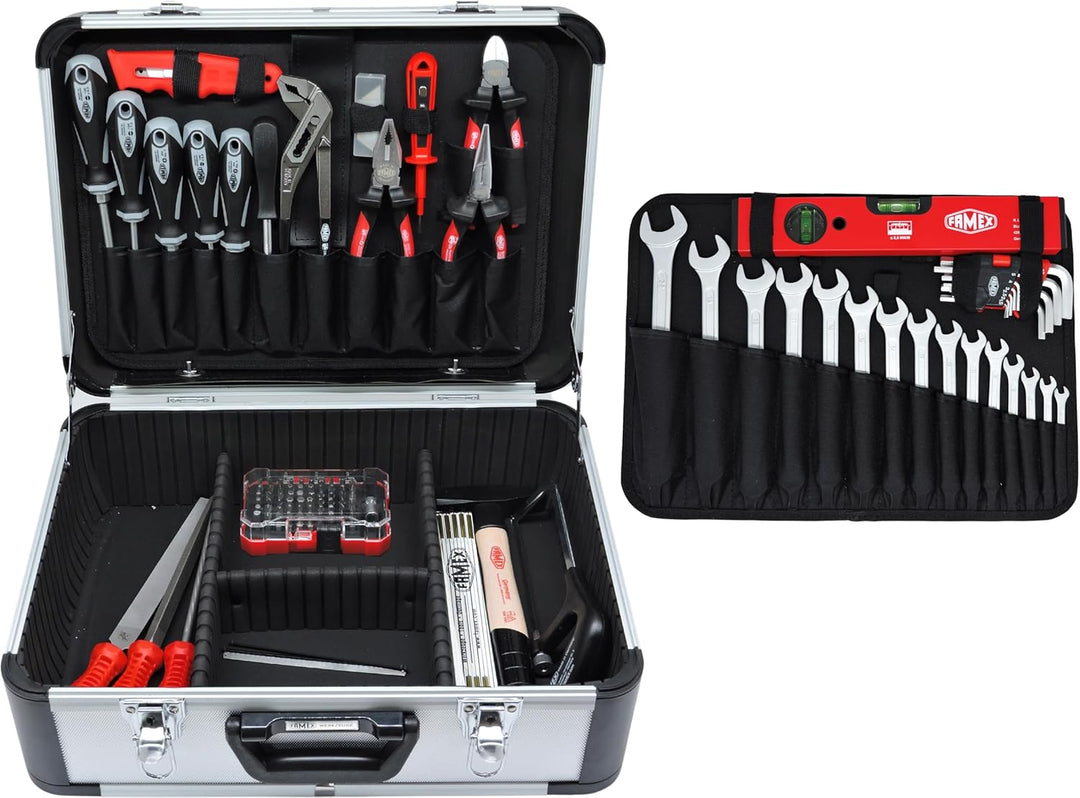 FAMEX 729-87 Alu Werkzeugkoffer gefüllt mit Profi Werkzeug-Set - max. Tragkraft 30kg, viele Werkzeug