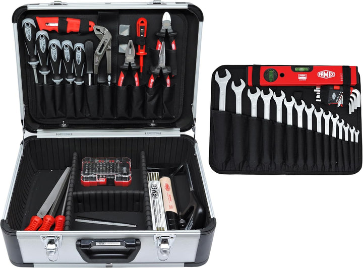 FAMEX 729-87 Alu Werkzeugkoffer gefüllt mit Profi Werkzeug-Set - max. Tragkraft 30kg, viele Werkzeug