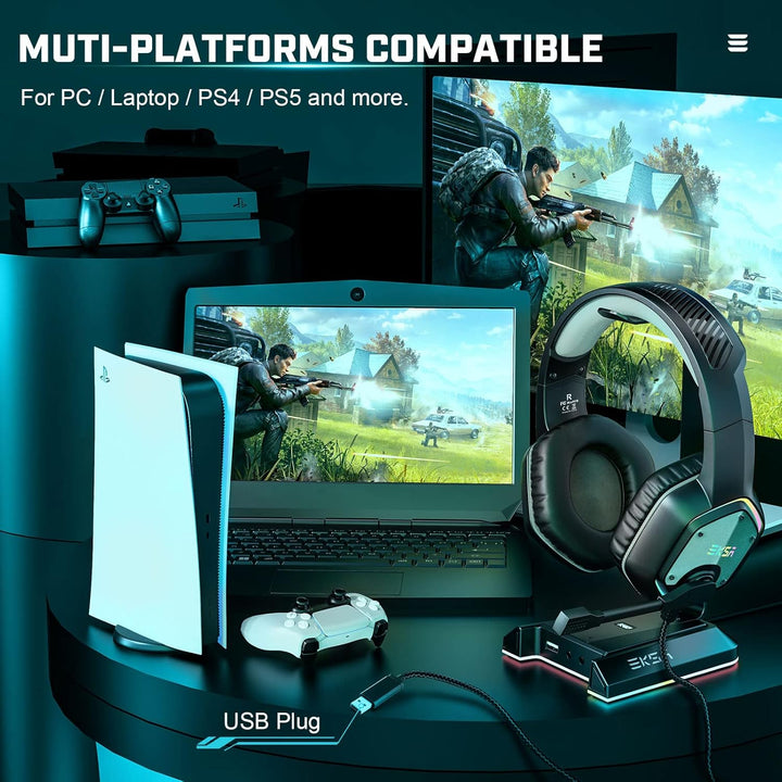 EKSA E1000 USB PC Gaming Headset mit Mikrofon, Gamer Headset mit Bass Surround Sound, RGB Beleuchtun