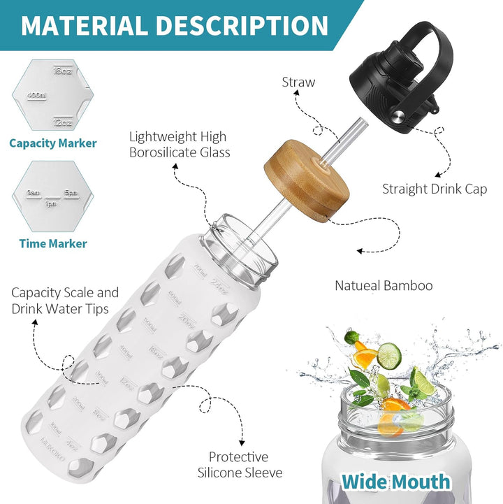 700ML Glaswasserflasche mit 2 Deckel Flip und Bambusstroh Deckel Sport Wasserbecher mit Zeiterinneru