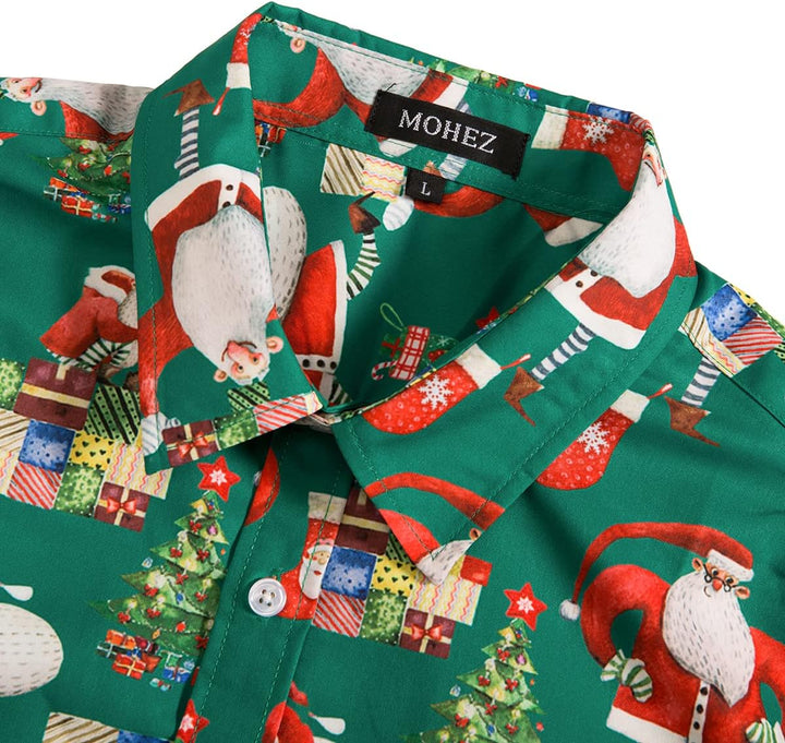 MOHEZ Herren Funky Christmas Print Weihnachtshemd Langarm Button Up Freizeithemd Rentier Santa Schne