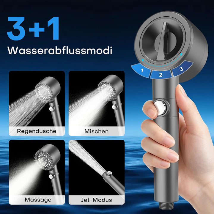 PWERAN Duschkopf mit Filter, 3+1 Strahlarten, Ein-Knopf-Wasserstopp, Grau Dunkelgrau 7.2 Liter pro M
