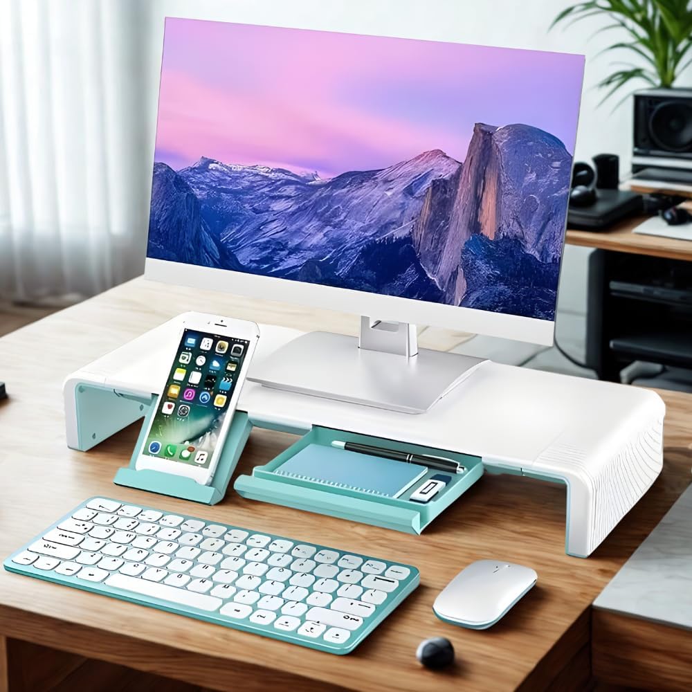 (HG) Monitorständer mit Schublade und Handyhalter, Monitorerhöhung, ergonomischer Bildschirmständer
