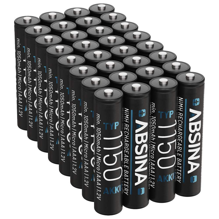 ABSINA AAA Akku 1150 NiMH 32er Pack - Akku AAA Micro mit 1,2V &amp; min. 1050 mAh - AAA Akkus wiederaufl