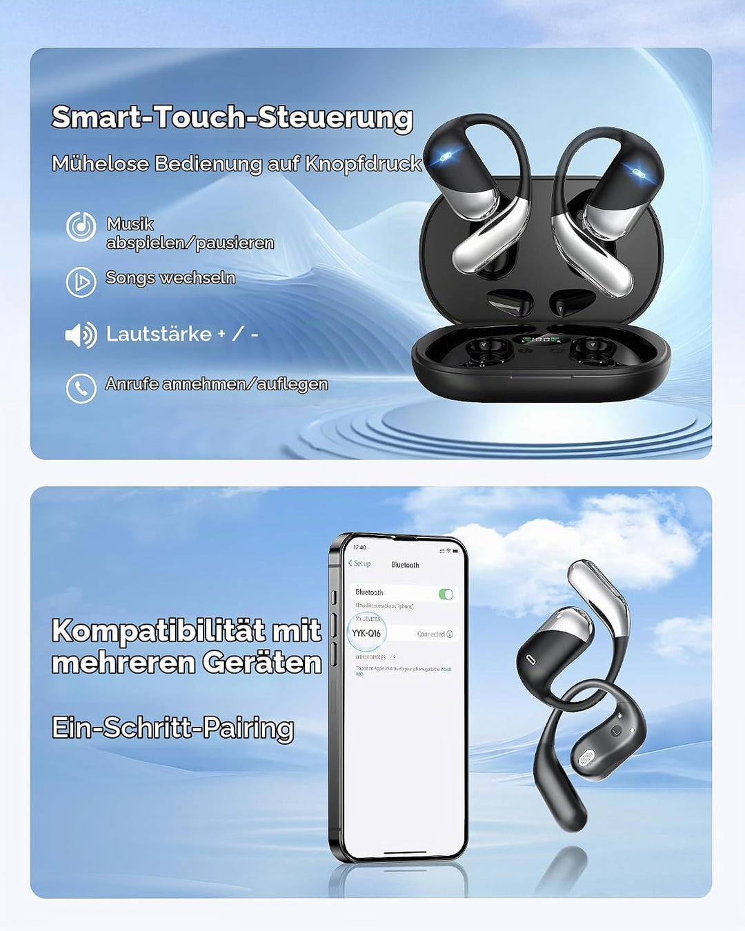 Paekole Offene Ohr Kabellose Ohrhörer, Sport Bluetooth Kopfhörer mit Echtzeitübersetzung, 80 Stunden
