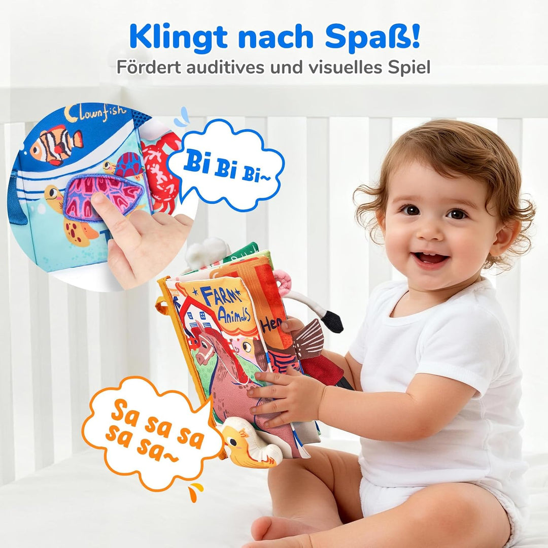 JoyCat Baby Spielzeug ab 0 3 6 Monate, 2 Stück Babybuch Stoffbuch, Bauernhof &amp; Ozean Fühlbuch Kniste
