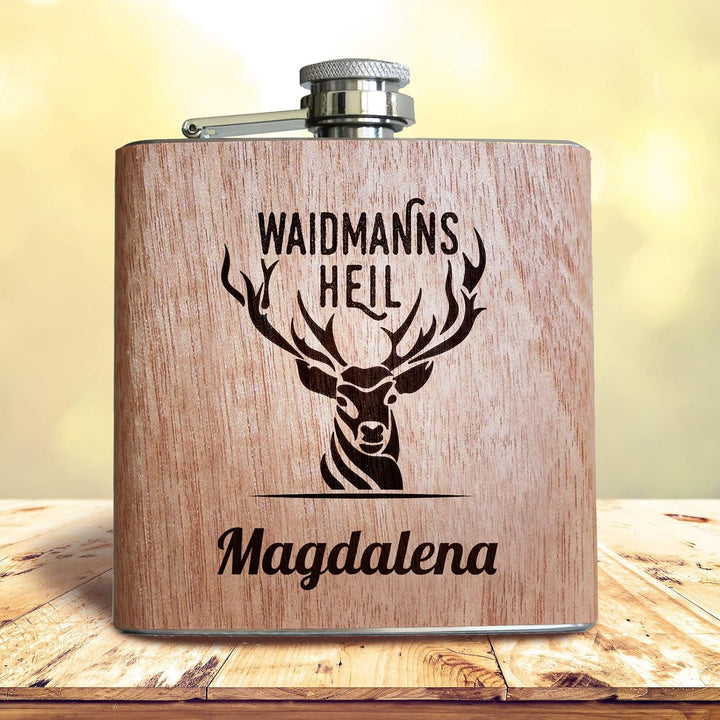 Persönliches Geschenk für Jäger Waidmannsheil Holz Flachmann mit individueller Gravur von eigenem Na