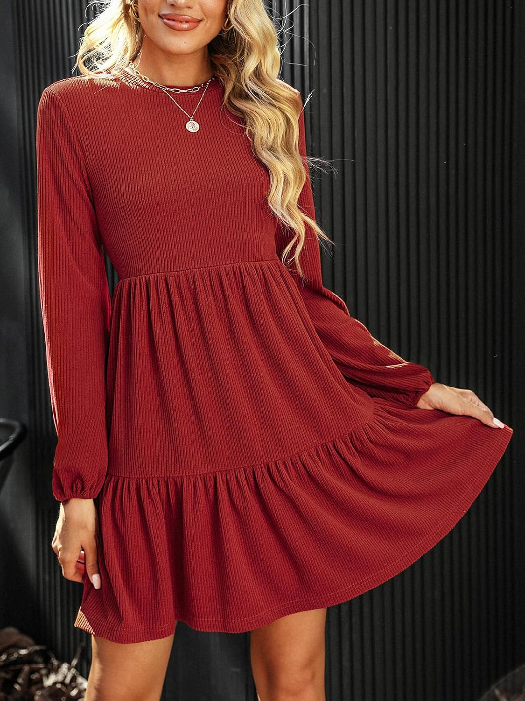 CUPSHE Damen Kleid Rundhals Langarm Volantsaum A Linien Herbst Winter Rippstruktur Kurze Minikleid F