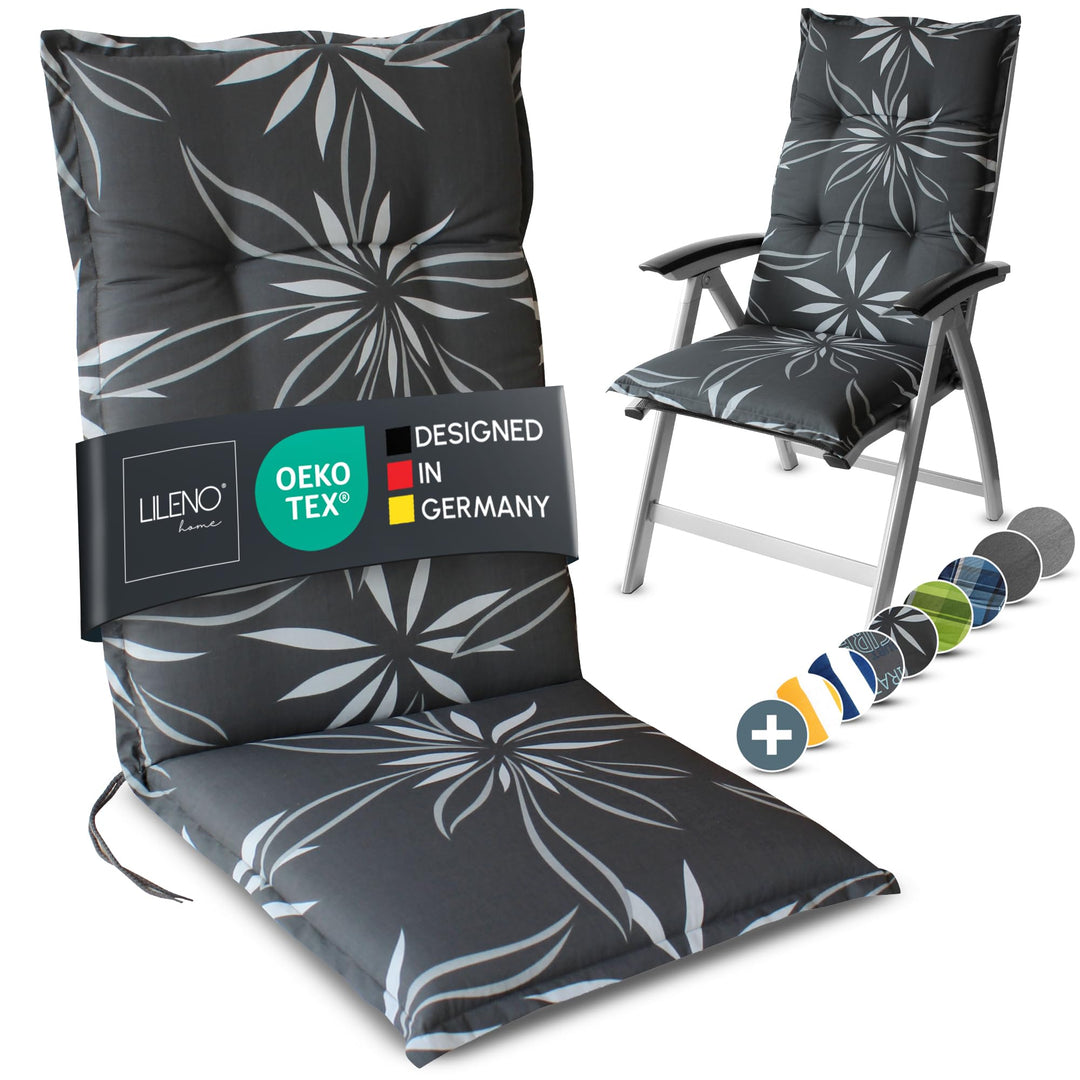 LILENO HOME Gartenstuhl Auflagen als [1er Set - Hochlehner] in Blume Anthrazit-Weiss - Bequeme Liege