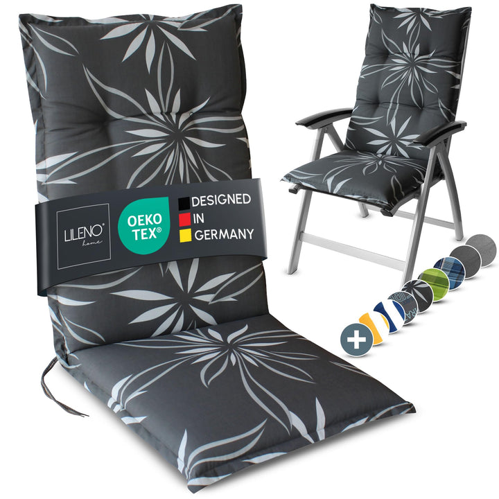 LILENO HOME Gartenstuhl Auflagen als [1er Set - Hochlehner] in Blume Anthrazit-Weiss - Bequeme Liege