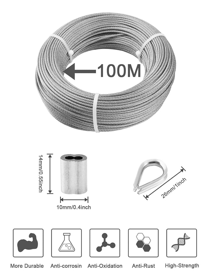 TooTaci Edelstahlseil 3mm,Stahlseil mit ösen,100M/3mm Drahtseil Edelstahl 7×7,mit Crimphülsen,Kausch