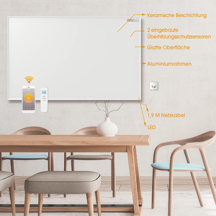 Infrarotheizung mit Thermostat 900 Watt - App Fernbedienung Steuerung - Infrarot Wandheizung - Elekt