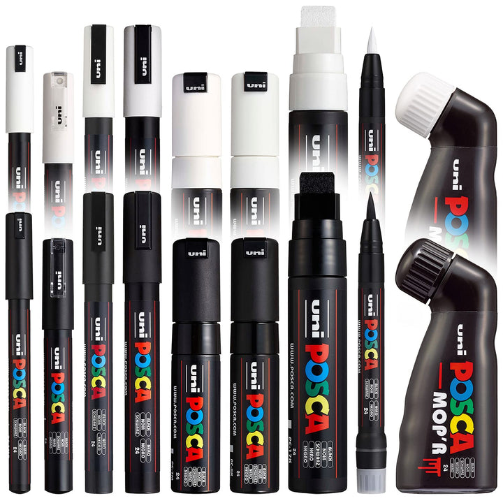 Posca - Komplettes Set mit 18 Stiften – MOP'R, PCF-350, PC-17K, PC-8K, PC-7M, PC-5M, PC-3M, PC-1M, P