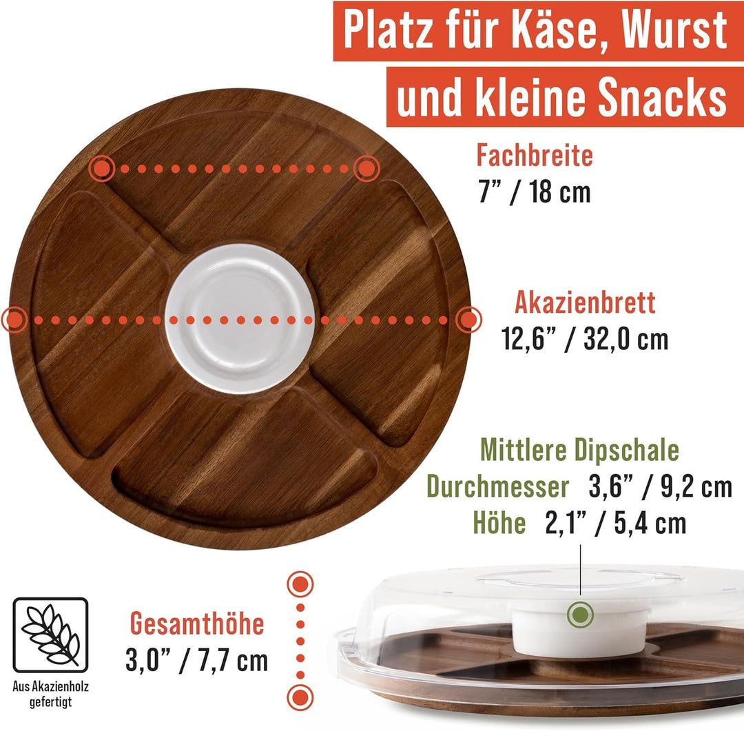 Chef Pomodoro Rundes Charcuterie Board mit Deckel (34 cm) – tragbares Käsebrett, Käseplatte, Holzpla