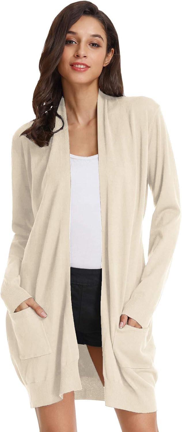 GRACE KARIN Damen Langarm Offene Strickjacke Lang Strickmantel Casual High Stretchy Cardigan mit Tas