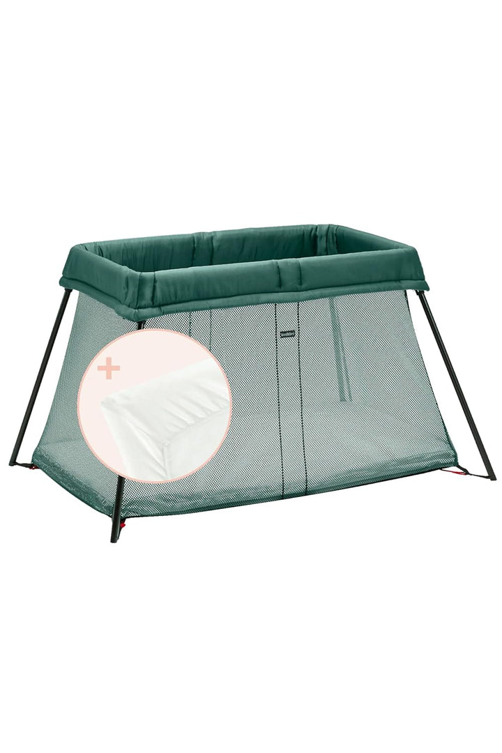 BabyBjörn Reisebett Light mit Spannbetttuch, Dunkelgrün/Baumwolle, Weiss, 1.0 Count