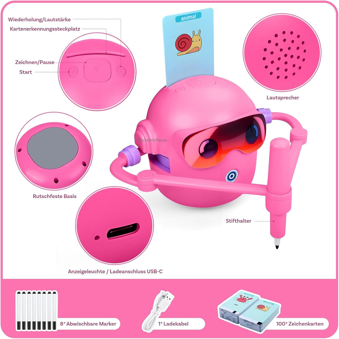 MMOBIEL Zeichenroboter für Kinder Interaktives Lernspielzeug mit 100 Zeichenkarten, Sprachanleitung,