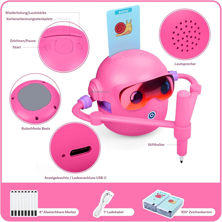 MMOBIEL Zeichenroboter für Kinder Interaktives Lernspielzeug mit 100 Zeichenkarten, Sprachanleitung,