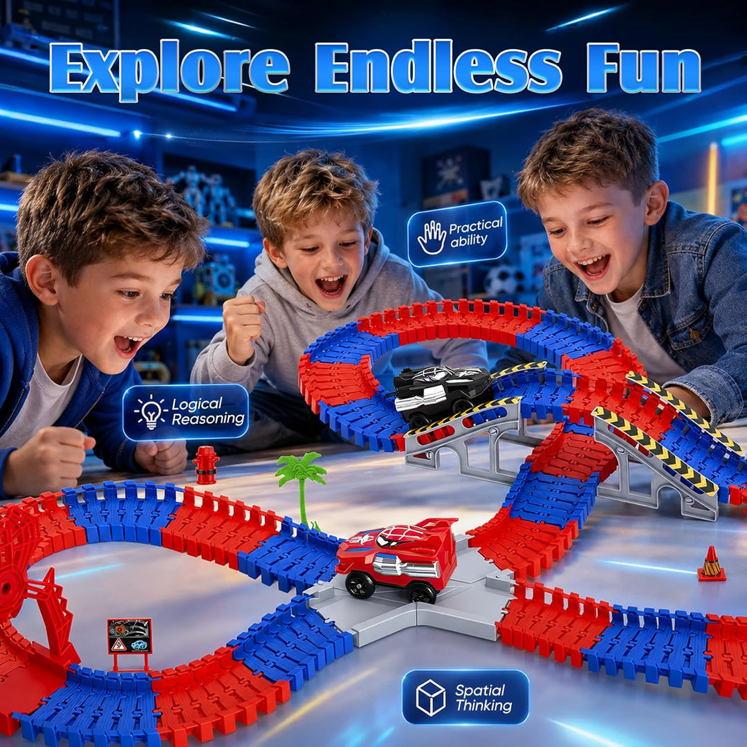 Spider Autorennbahn Set mit 2 Elektroautos, 212PCS Flexibles Auto Rennbahn Spielzeug, Kinder Weihnac