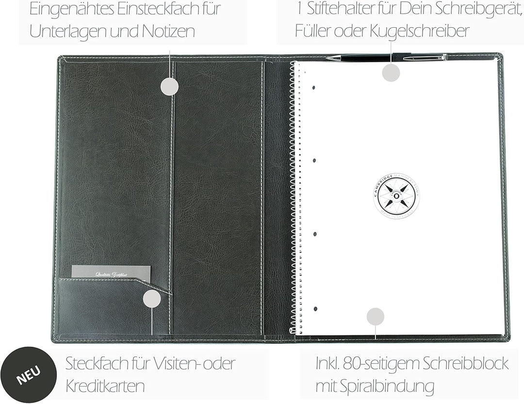 DELMON VARONE - Schreibmappe inkl. Notizblock DIN A4 (80 Blatt) aus veganem Eco Kunstleder Grau - Or